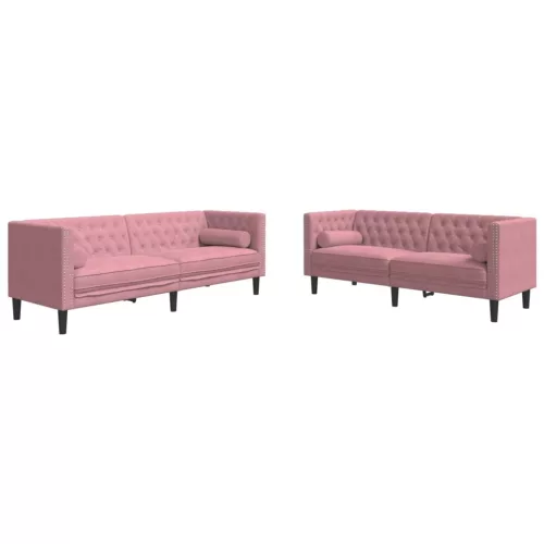 2 részes rózsaszín bársony Chesterfield kanapészett párnákkal