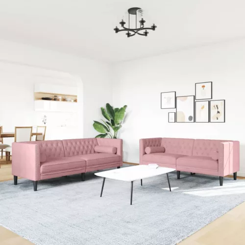 2 részes rózsaszín bársony Chesterfield kanapészett párnákkal