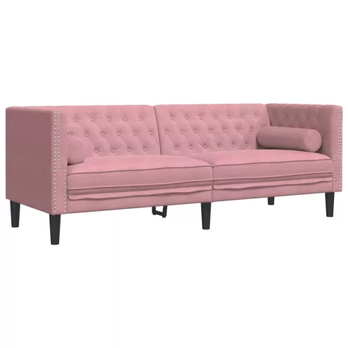 2 részes rózsaszín bársony Chesterfield kanapészett párnákkal