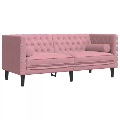 2 részes rózsaszín bársony Chesterfield kanapészett párnákkal