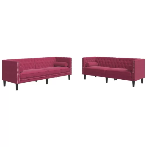 2 részes bordó bársony Chesterfield kanapészett hengerpárnákkal