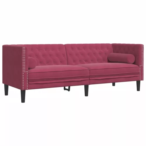 2 részes bordó bársony Chesterfield kanapészett hengerpárnákkal