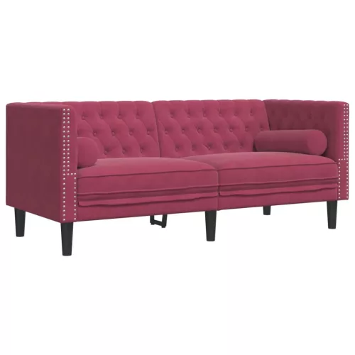 2 részes bordó bársony Chesterfield kanapészett hengerpárnákkal