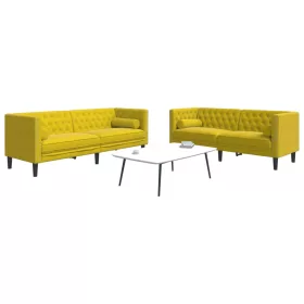   2 részes sárga bársony Chesterfield kanapészett hengerpárnákkal