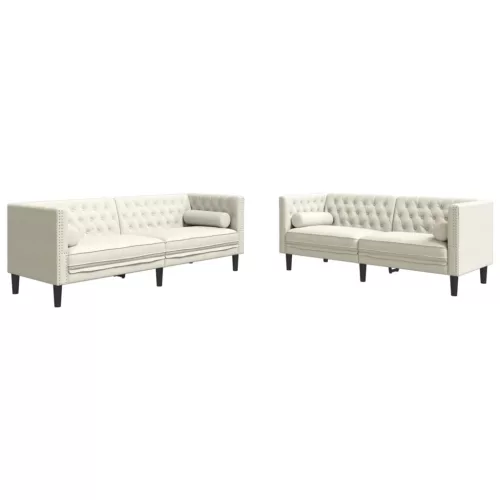 2 részes krémszínű bársony Chesterfield kanapészett párnákkal