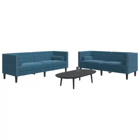   2 részes kék bársony Chesterfield kanapészett hengerpárnákkal