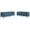 2 részes kék bársony Chesterfield kanapészett hengerpárnákkal