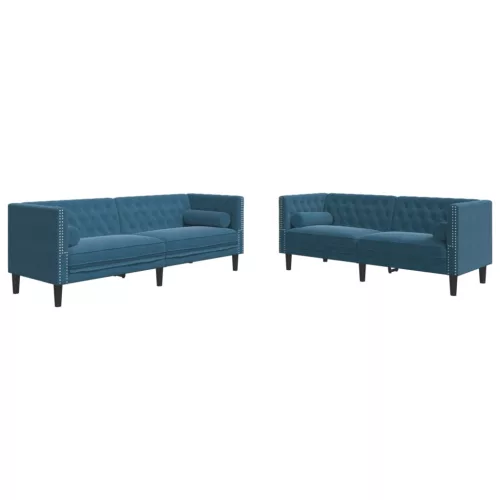 2 részes kék bársony Chesterfield kanapészett hengerpárnákkal