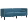 2 részes kék bársony Chesterfield kanapészett hengerpárnákkal