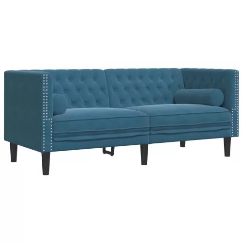 2 részes kék bársony Chesterfield kanapészett hengerpárnákkal