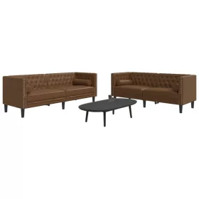  2 részes barna művelúr Chesterfield kanapészett hengerpárnákkal