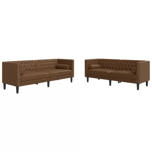 2 részes barna művelúr Chesterfield kanapészett hengerpárnákkal