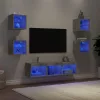 7 darab betonszürke szerelt fa fali TV-bútor LED-del