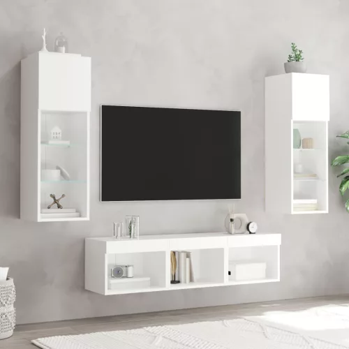 5 darab fehér szerelt fa fali TV-bútor LED-del