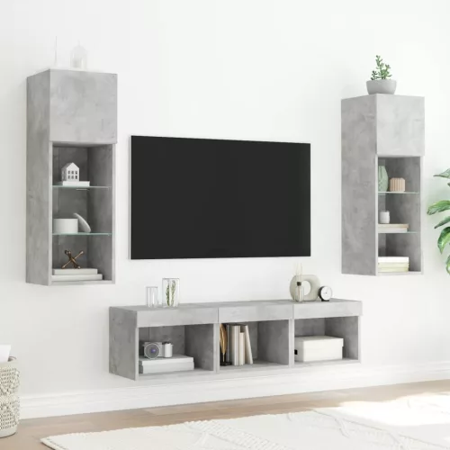 5 darab betonszürke szerelt fa fali TV-bútor LED-del