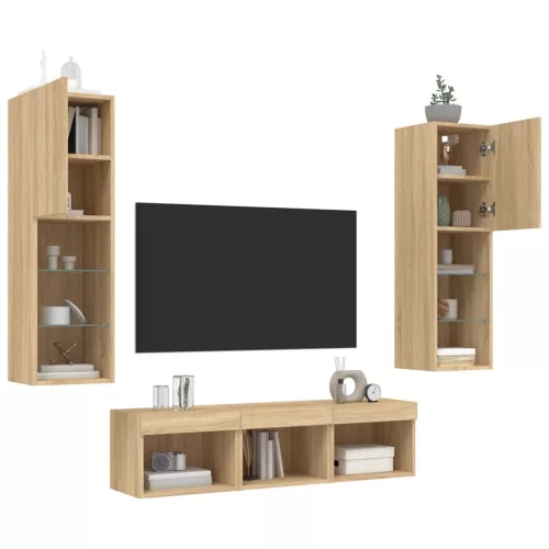 5 darab füstös tölgy színű szerelt fa TV-bútor LED-del