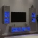 6 darab betonszürke szerelt fa fali TV-bútor LED-del