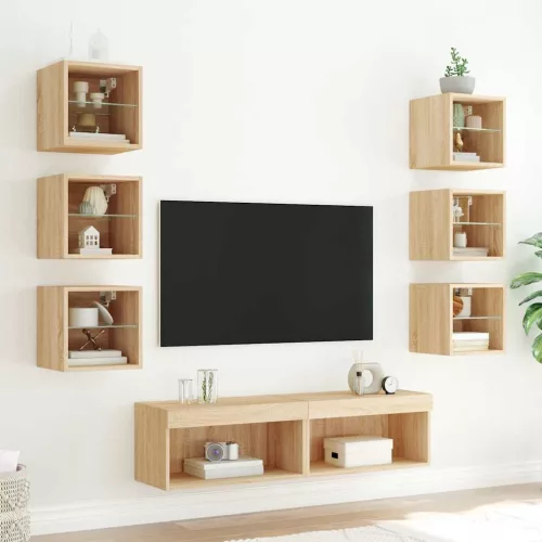 8 darab füstös tölgy színű szerelt fa TV-bútor LED-del