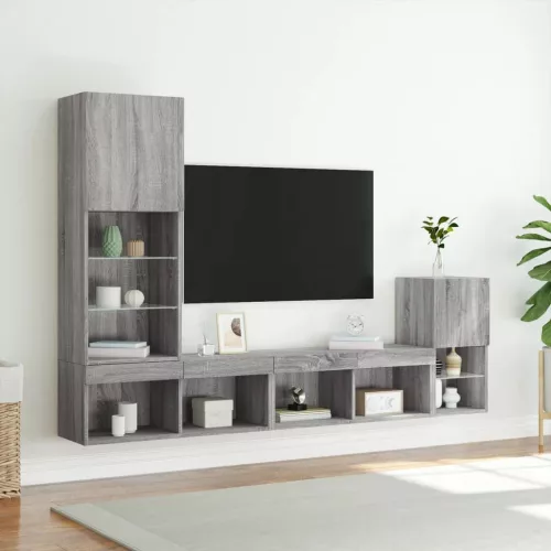 4 darab szürke sonoma színű szerelt fa fali TV-bútor LED-del
