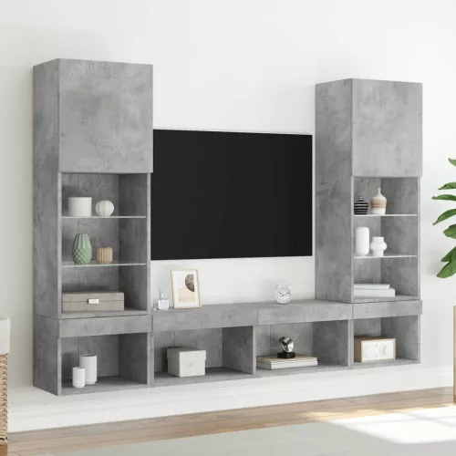 5 darab betonszürke szerelt fa fali TV-bútor LED-del