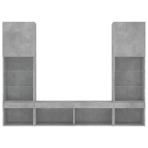 5 darab betonszürke szerelt fa fali TV-bútor LED-del