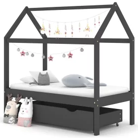   Sötétszürke tömör fenyőfa gyerekágykeret fiókkal 70 x 140 cm