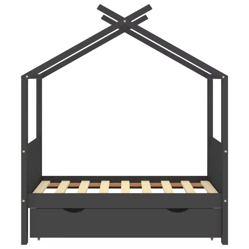 Sötétszürke tömör fenyőfa gyerekágykeret fiókkal 70 x 140 cm