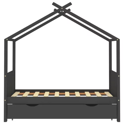 Sötétszürke tömör fenyőfa gyerekágykeret fiókkal 80 x 160 cm