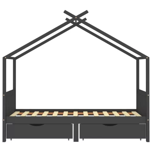Fiókos sötétszürke tömör fenyőfa gyerekágykeret 90 x 200 cm