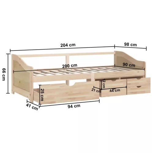 3 személyes tömör fenyőfa kanapéágy fiókokkal 90 x 200 cm