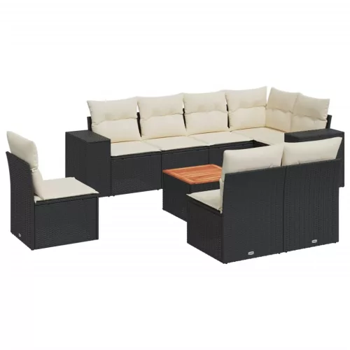 9 részes fekete polyrattan kerti ülőgarnitúra párnákkal