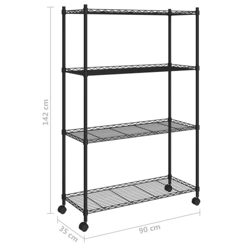 4 szintes fekete tárolópolc kerekekkel 90 x 35 x 142 cm 200 kg