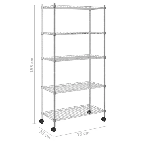 5 szintes króm tárolópolc kerekekkel 75 x 35 x 155 cm 250 kg