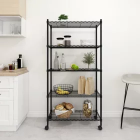   5 szintes fekete tárolópolc kerekekkel 75 x 35 x 155 cm 250 kg