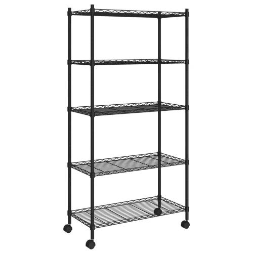 5 szintes fekete tárolópolc kerekekkel 75 x 35 x 155 cm 250 kg