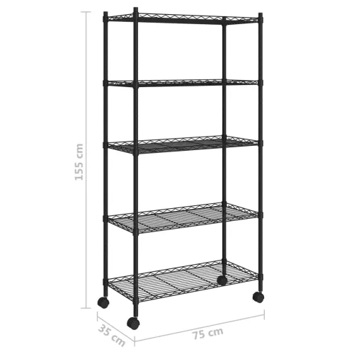 5 szintes fekete tárolópolc kerekekkel 75 x 35 x 155 cm 250 kg