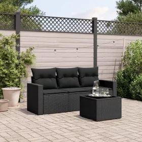   4 részes fekete polyrattan kerti ülőgarnitúra párnákkal