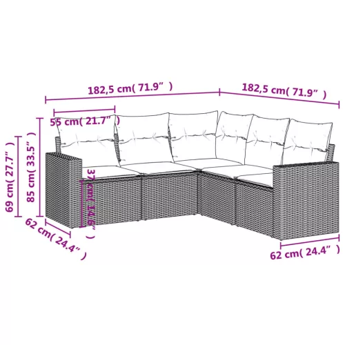 5 részes fekete polyrattan kerti kanapészett párnákkal