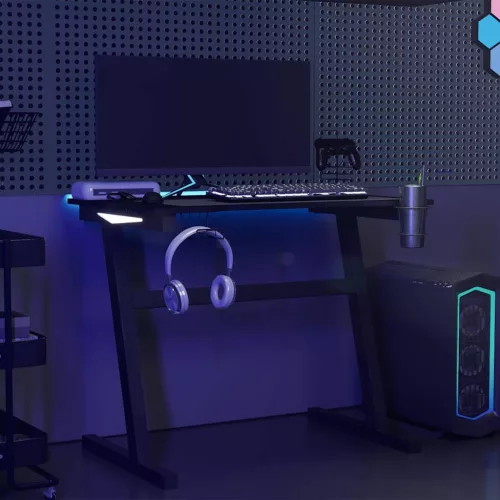 Fekete LED-es Z-lábú gamer asztal 90 x 60 x 75 cm