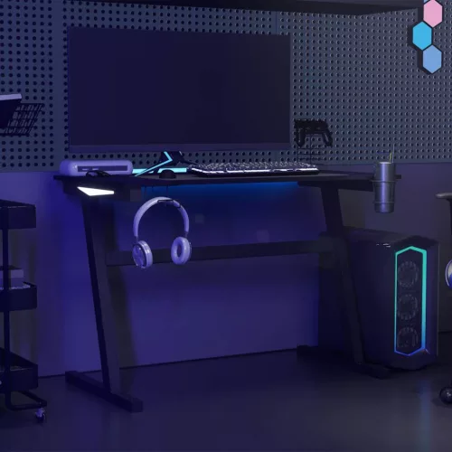 Fekete Z-lábú LED-es gamer asztal 110 x 60 x 75 cm