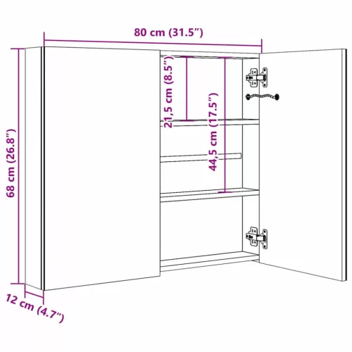 Tükrös fürdőszobaszekrény LED világítással 80 x 12,2 x 68 cm