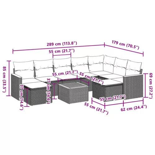10 részes fekete polyrattan kerti ülőgarnitúra párnákkal