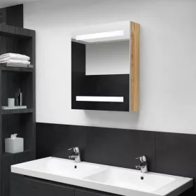   Fehér-tölgyszínű LED-es tükrös fürdőszobaszekrény 50x14x60 cm