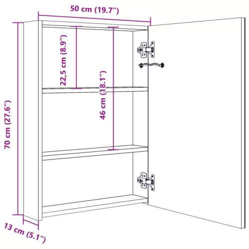Fényes szürke LED-es tükrös fürdőszobaszekrény 50 x 13 x 70 cm