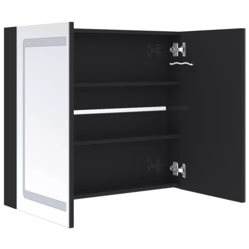 Fényes fekete LED-es tükrös fürdőszobaszekrény 80 x 12 x 68 cm