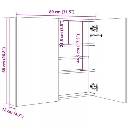 Fényes fekete LED-es tükrös fürdőszobaszekrény 80 x 12 x 68 cm