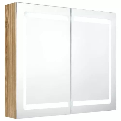 Tölgyszínű LED-es tükrös fürdőszobaszekrény 80 x 12 x 68 cm