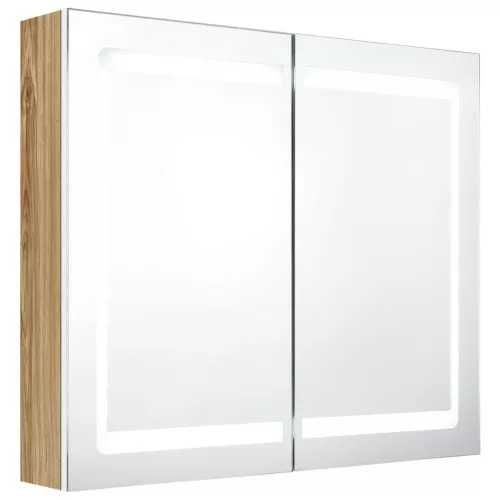Fehér, tölgyszínű LED-es tükrös fürdőszobaszekrény 80x12x68 cm