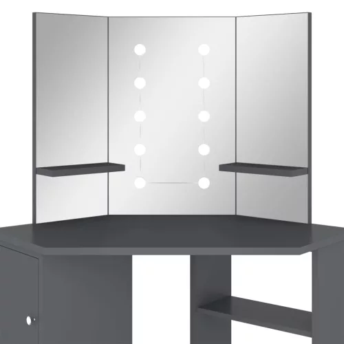 Szürke sarok fésülködőasztal LED világítással 111x54x141,5 cm