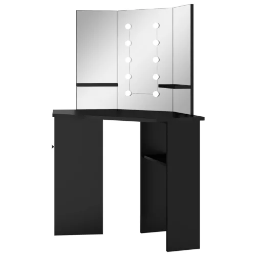 Fekete sarok fésülködőasztal LED világítással 111x54x141,5 cm